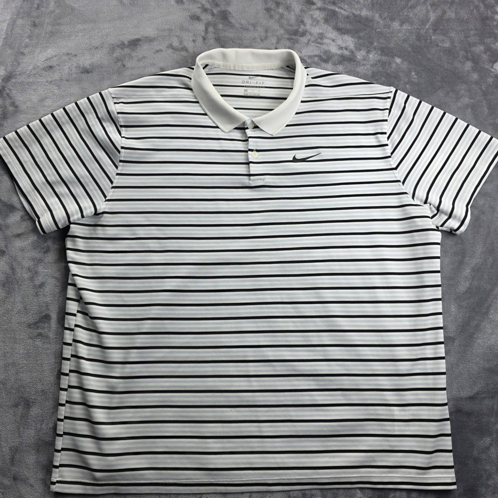 Nike Dri-FIT Mens XXL White Black Striped Short Sleeve Golf Polo Shirt Standard